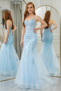 Mermaid Prom Dress Corset Lace Appliques Spaghetti Straps Long Evening Gown Ms251031