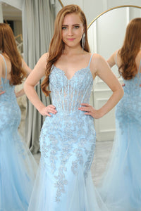 Mermaid Prom Dress Corset Lace Appliques Spaghetti Straps Long Evening Gown Ms251031