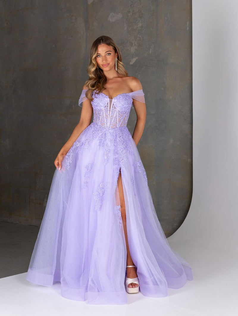 Off Shoulder Tulle Prom Dress Corset Lace Appliqué High Slit Formal Evening Dress Ms2601122
