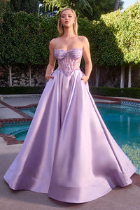 Lavender Corset Ball Gown Evening Dress Pockets Beaded Satin Prom Dress Ms2512054