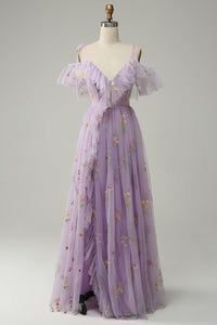 Lilac Prom Dress Floral Embroidered Ruffles Slit Party Gown Ms2507266