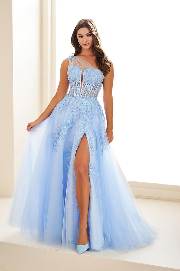 Corset Prom Dresses One Shoulder Applique Tulle Evening Gown with High Slit Ms2601144
