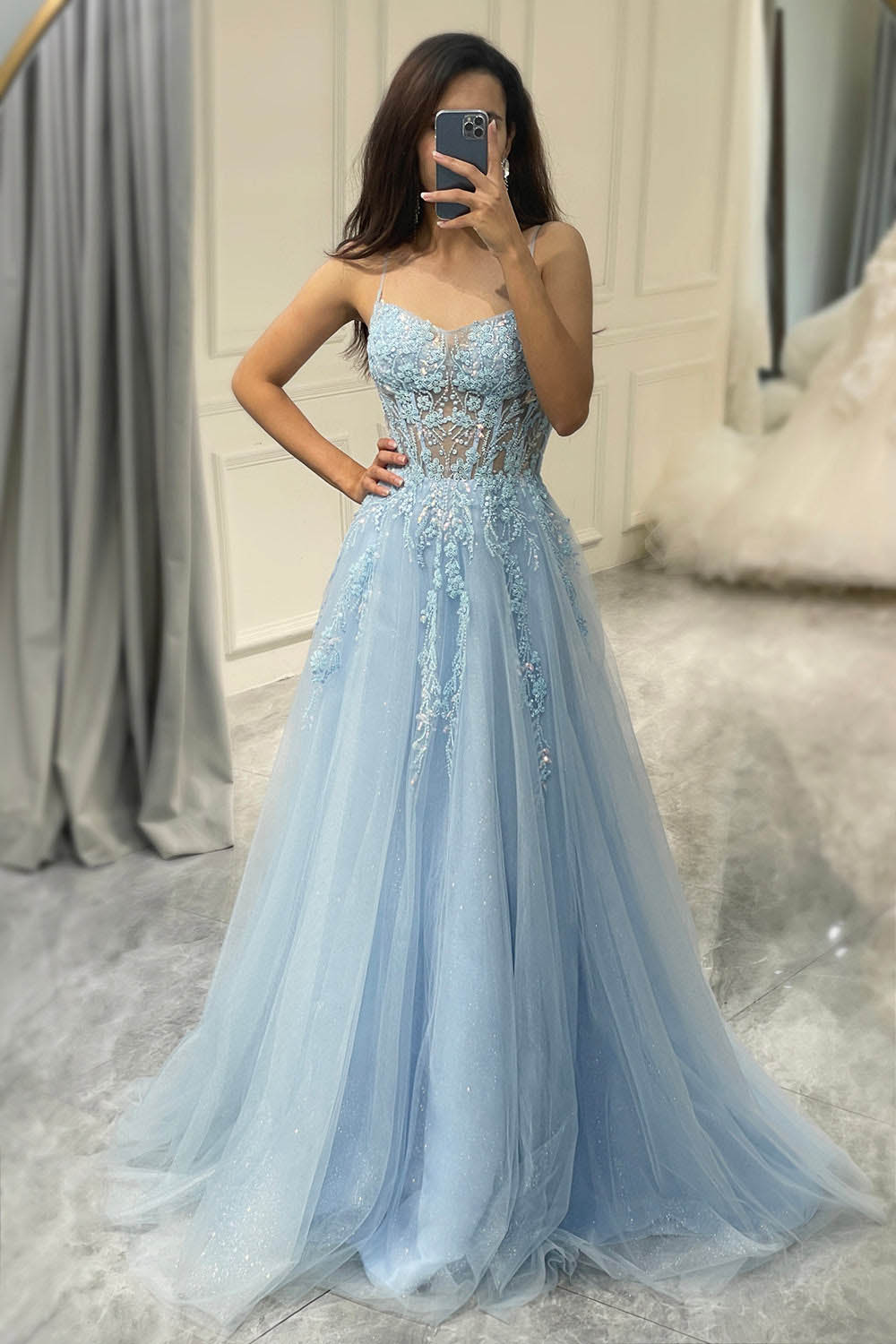 Tulle Prom Dress Floral Embroidered Spaghetti Strap A-Line Prom Dress Ms251065