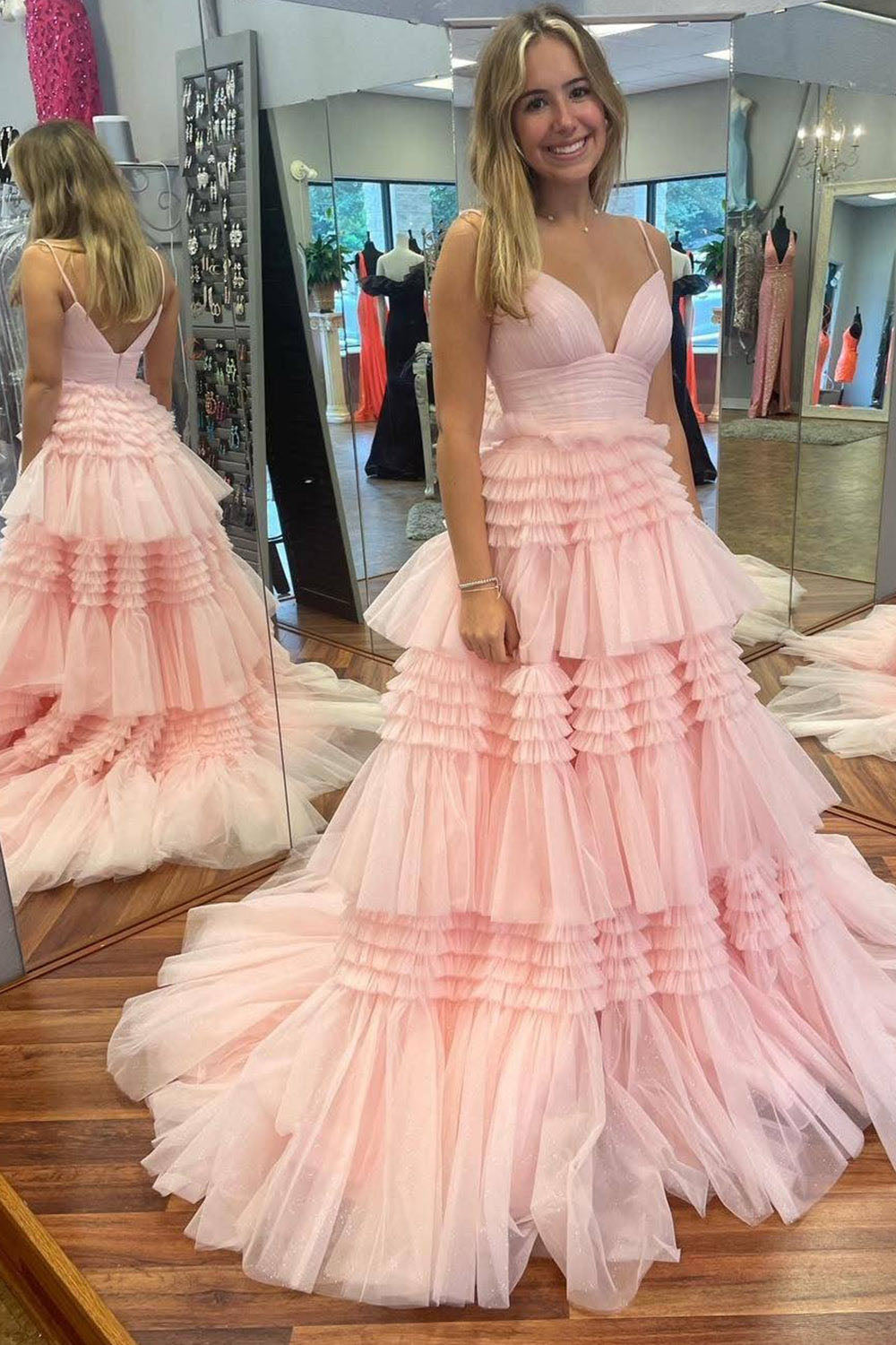 Champagne Prom Dress V Neck High Slit Tiered Evening Party Dress Ms250   Msikoods Official Store