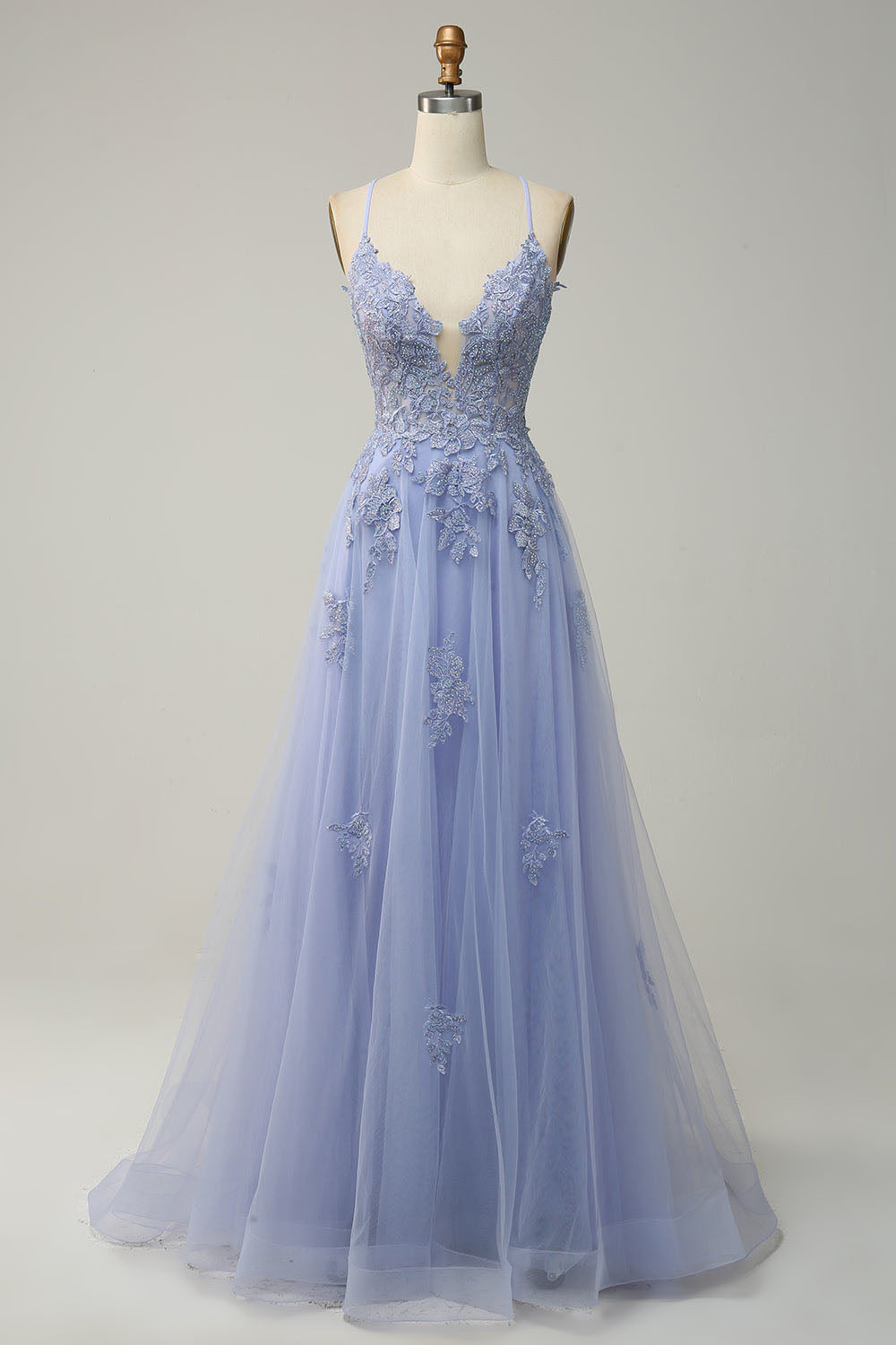 V Neck Prom Dress A-Line Spaghetti Straps Lace Applique Formal Gown Ms2509011