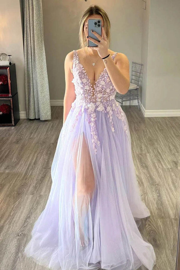 Light Purple 3D Floral Tulle V Neck A-Line Prom Dress with Slit Ms2511014