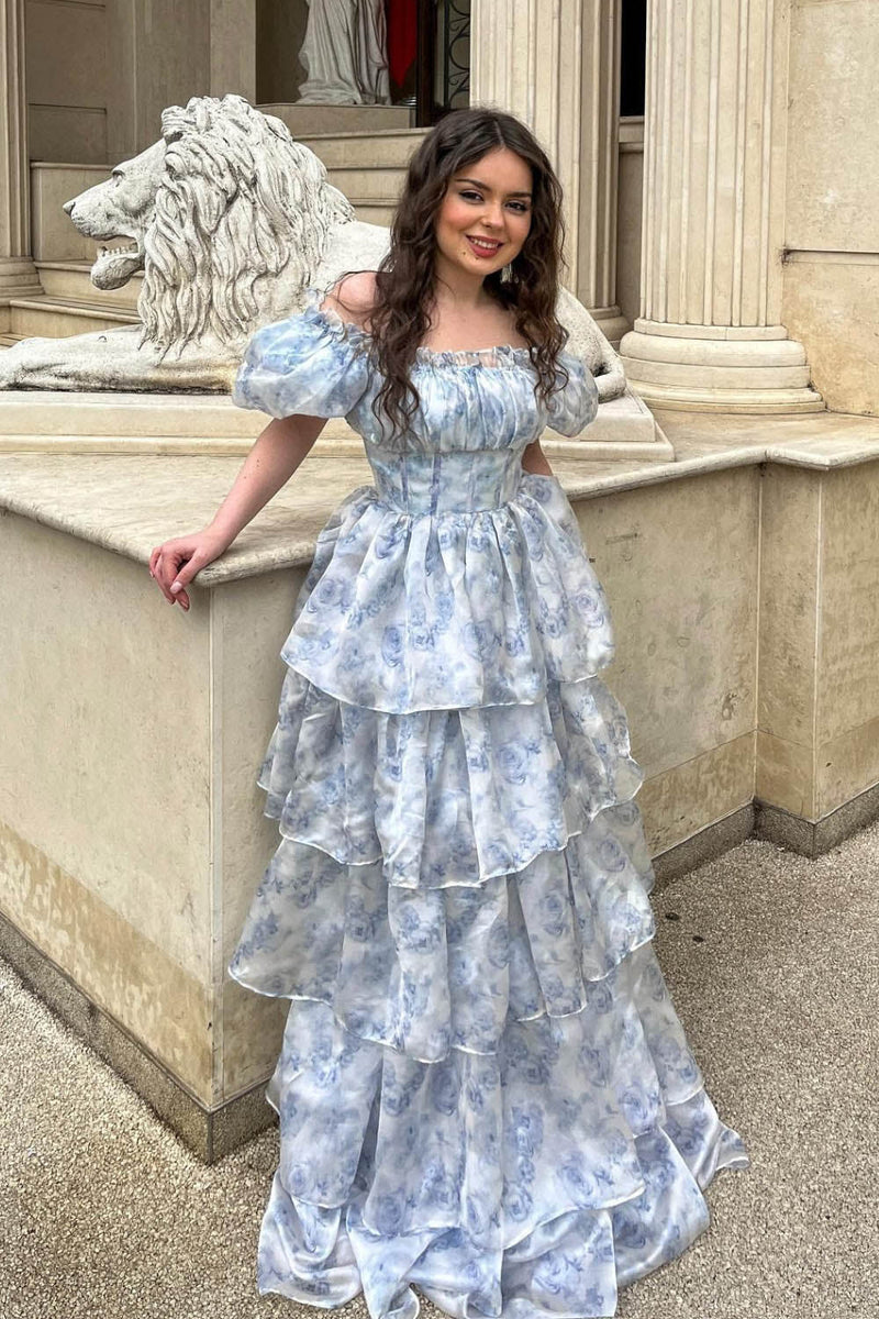 Off Shoulder Printed Floral Tiered Birthday Dress Princess Prom Dress Ms2511262