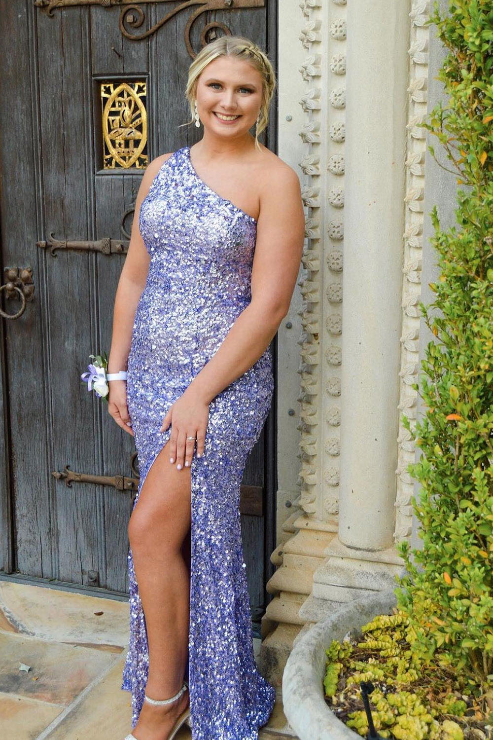 Sequin One Shoulder Prom Dress High Slit Long Evening Gown Ms250804