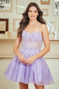 Lace Appliques Beaded Sheer Strapless Homecoming Dress Corset Tulle Short Cocktail Dress Ms2610236