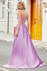 Navy Blue Lace Spaghetti Strap Prom Dress Side Slit Open Back Party Dress Ms2509262