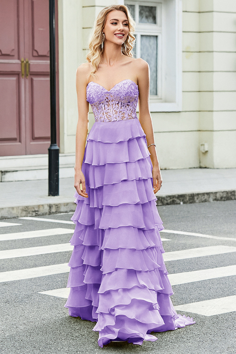 Lilac Prom Dress Lace Corset Layered Evening Gown Formal Party Dress Ms2511214