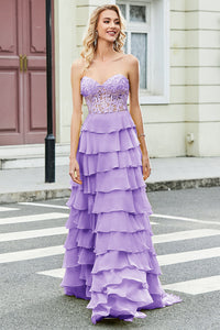 Lilac Prom Dress Lace Corset Layered Evening Gown Formal Party Dress Ms2511214