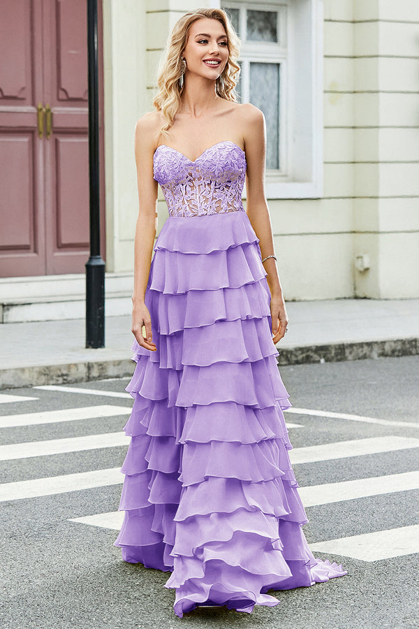 Lilac Prom Dress Lace Corset Layered Evening Gown Formal Party Dress Ms2511214