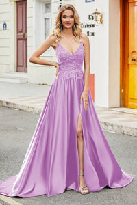 Navy Blue Lace Spaghetti Strap Prom Dress Side Slit Open Back Party Dress Ms2509262
