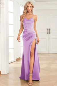 Abito da sera elegante a linea A con pieghe, scollo a cuore, spacco alto sexy Ms2504012