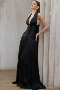 Black Backless Halter Prom Dress Ruched Waist Pleated Formal Evening Gown Ms041803