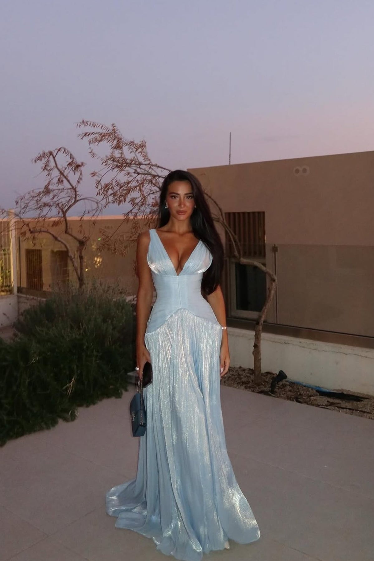 Halter Deep V Neck Prom Dress Pleated Evening Formal Gown With High Slit Ms26042666