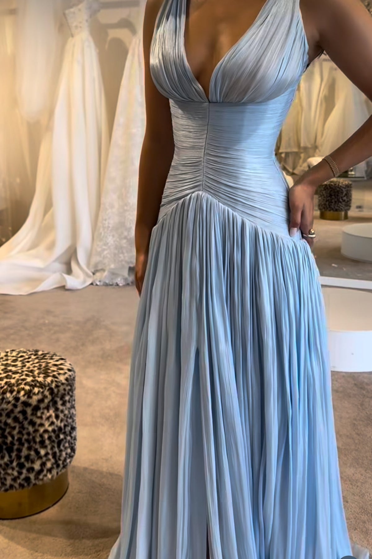 Halter Deep V Neck Prom Dress Pleated Evening Formal Gown With High Slit Ms26042666