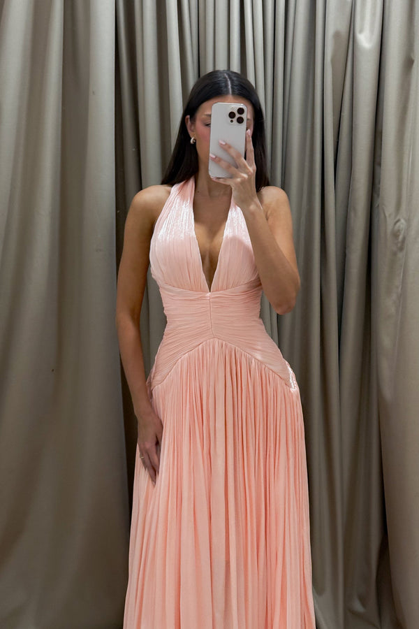 Blush Coral Halter Deep V Neck Formal Evening Gown Shiny Prom Dress Ms2604264