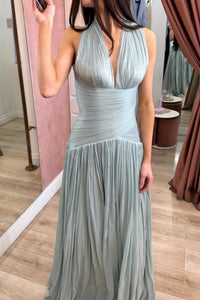 Halter Deep V Neck Pleated Prom Dress High Slit Sexy Formal Evening Gown Ms2604267