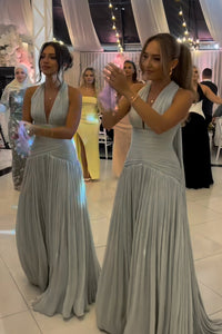 Halter Deep V Neck Pleated Prom Dress High Slit Sexy Formal Evening Gown Ms2604267