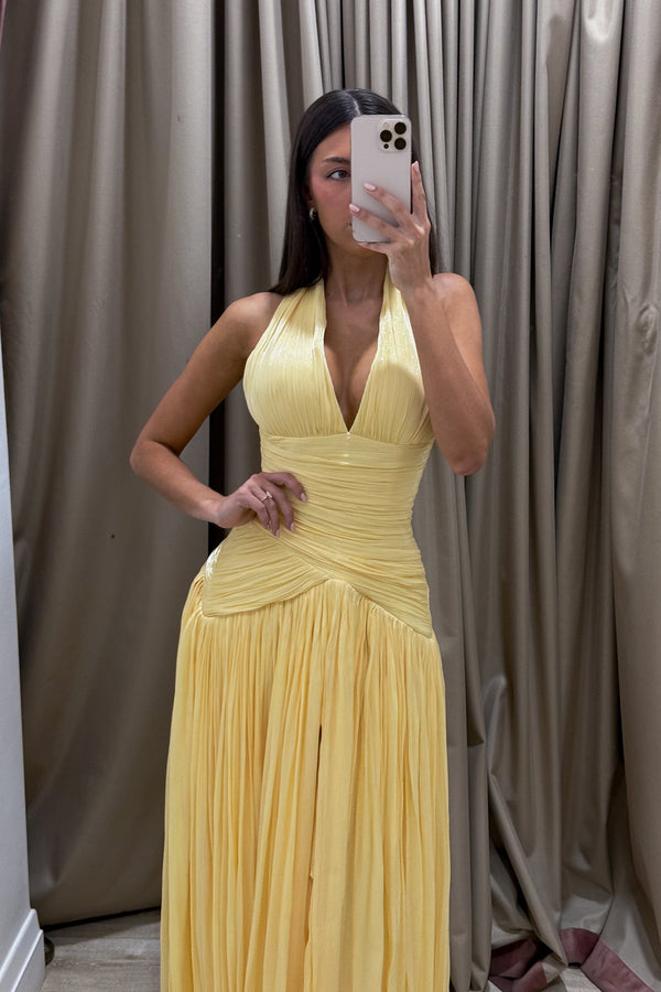 Yellow Halter Deep V Neck Ruched Prom Dress Pleated Evening Dress Ms2604263