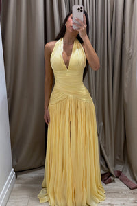Yellow Halter Deep V Neck Ruched Prom Dress Pleated Evening Dress Ms2604263
