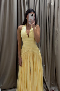 Yellow Halter Deep V Neck Ruched Prom Dress Pleated Evening Dress Ms2604263