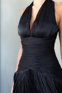 Black Backless Halter Prom Dress Ruched Waist Pleated Formal Evening Gown Ms041803