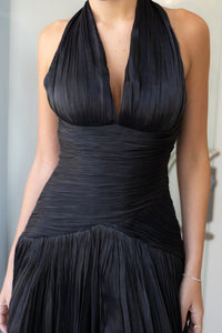 Black Backless Halter Prom Dress Ruched Waist Pleated Formal Evening Gown Ms041803