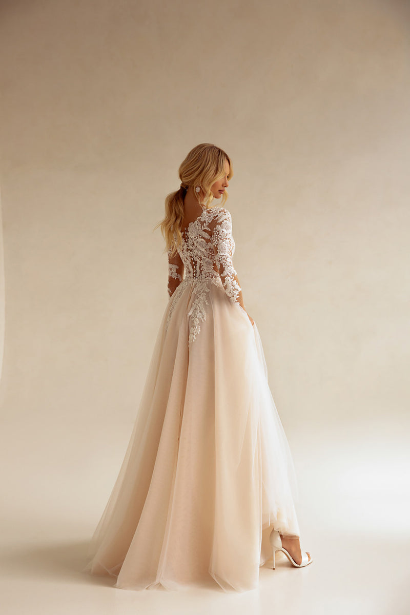 Bohemian Long Sleeve Illusion Lace Wedding Dress See Through Tulle Bridal Dress Ms2505224