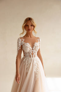 Bohemian Long Sleeve Illusion Lace Wedding Dress See Through Tulle Bridal Dress Ms2505224