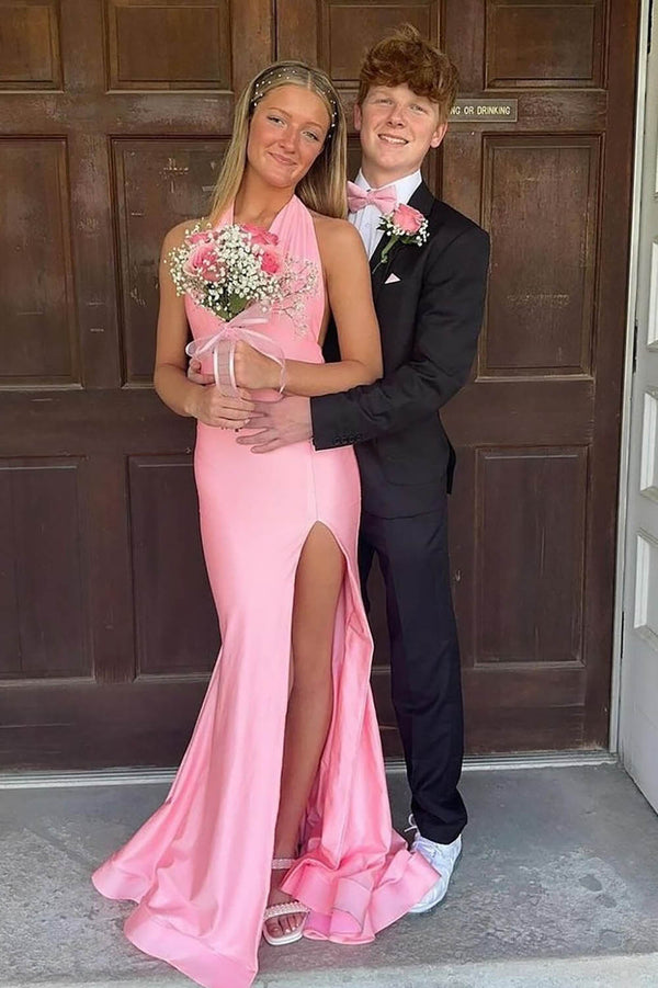 Pink Satin Prom Dress Halter Backless Mermaid Evening Dress High Slit Formal Dress Ms2609266
