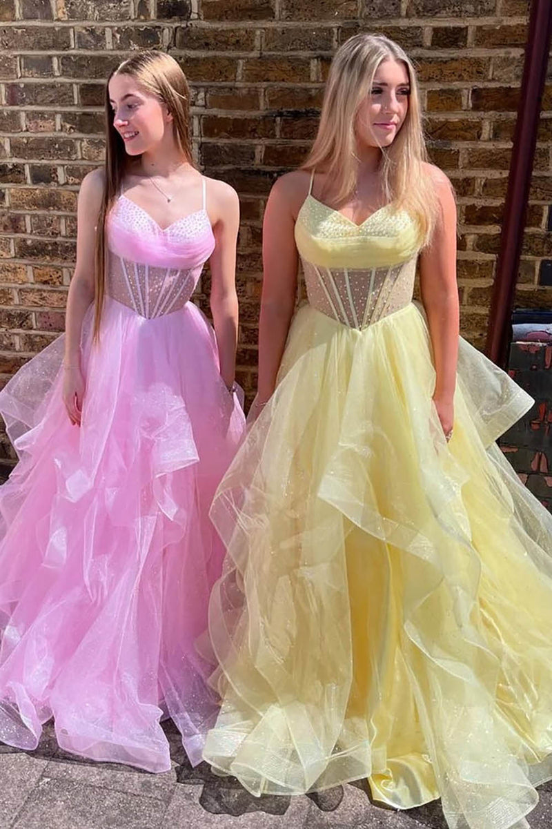 Spaghetti Strap Beaded  Prom Dress Corset A Line Layered Ruffle Birthday Evening Gown Ms2609152