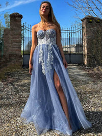 Sparkly Prom Dress Corset A Line Graduation Dress Lace Appliques High Slit Formal Evening Gowns Ms2609163