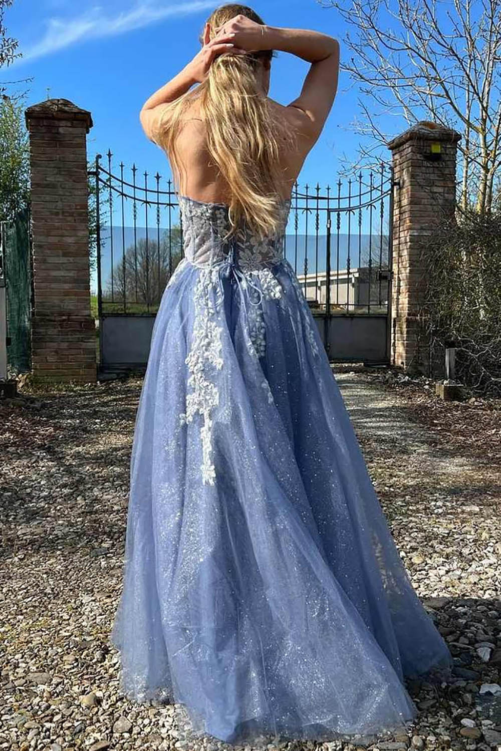 Sparkly Prom Dress Corset A Line Graduation Dress Lace Appliques High Slit Formal Evening Gowns Ms2609163