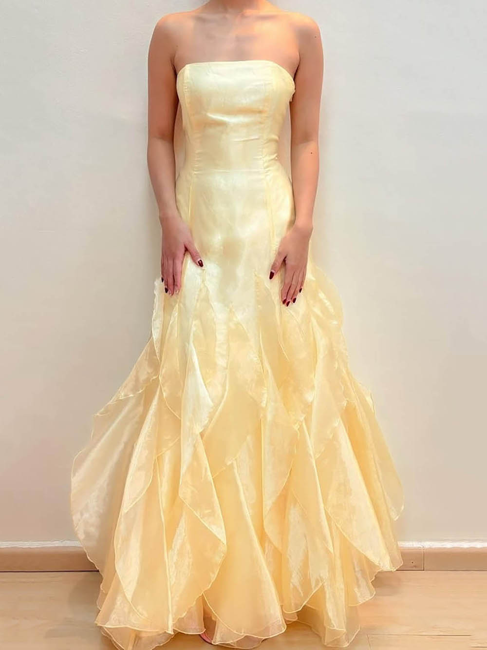 Yellow Prom Dress Strapless Organza Layered Ruffles Corset Evening Dress Ms2609146