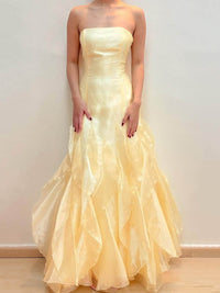 Yellow Prom Dress Strapless Organza Layered Ruffles Corset Evening Dress Ms2609146