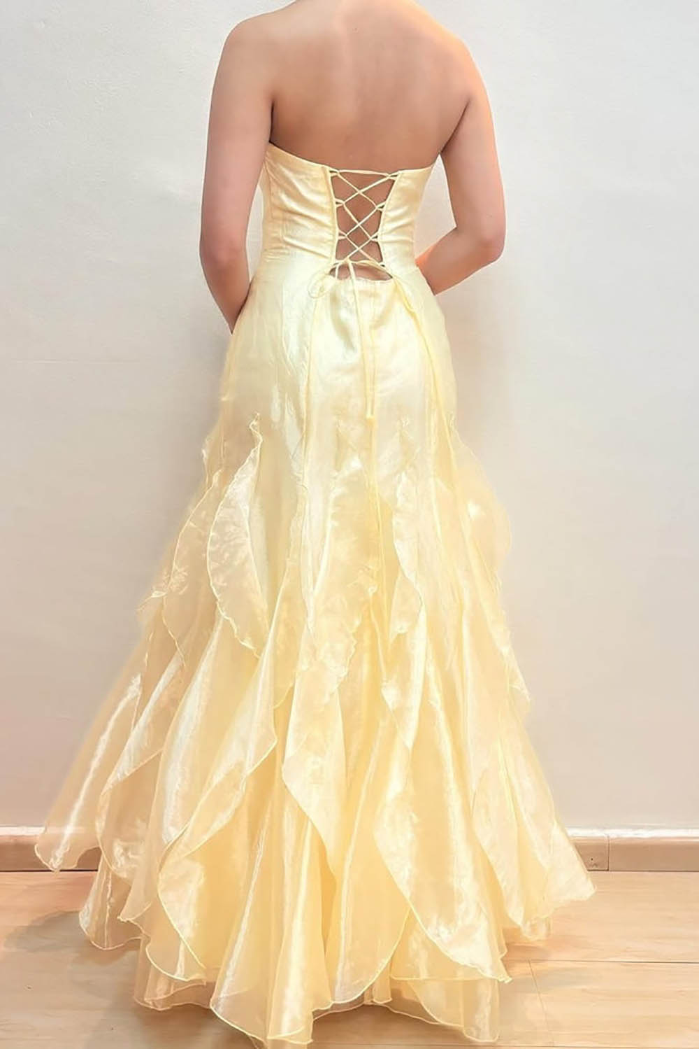Yellow Prom Dress Strapless Organza Layered Ruffles Corset Evening Dress Ms2609146