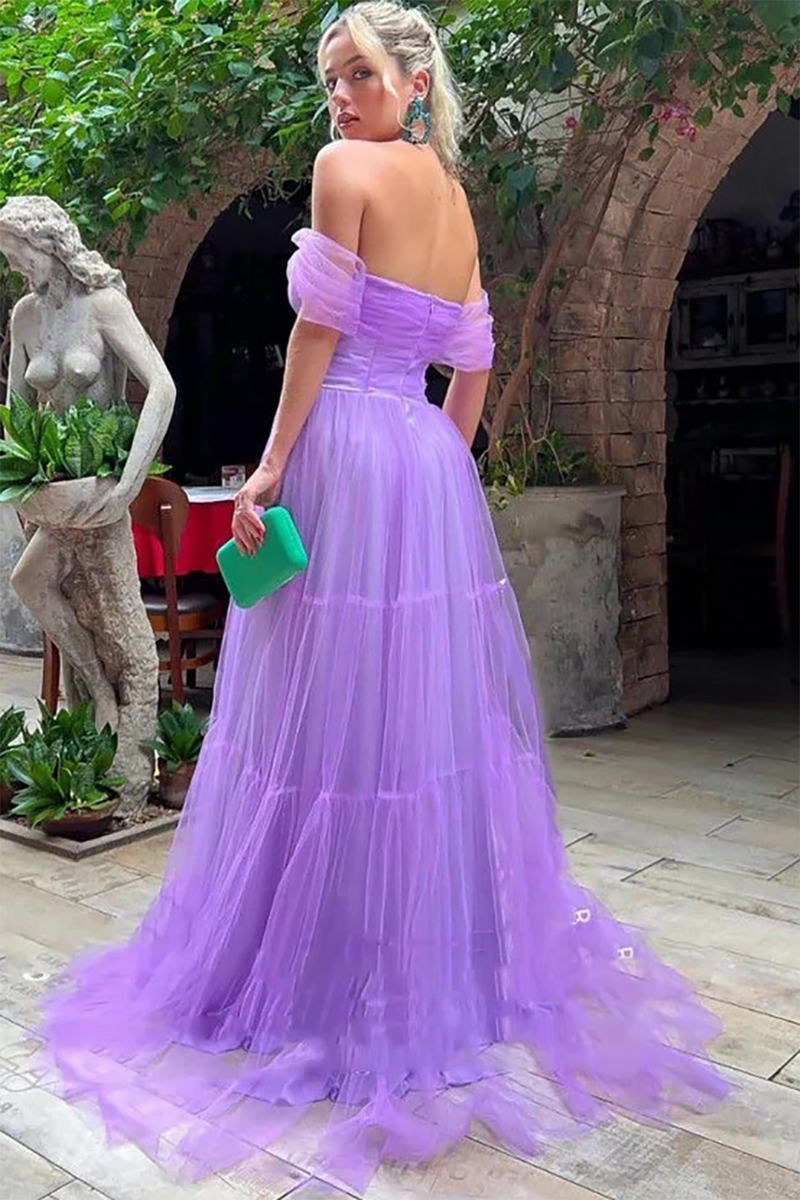 Purple Prom Dress Off Shoulder Sweetheart Tulle A Line Tiered Formal Evening Gowns Ms2609154