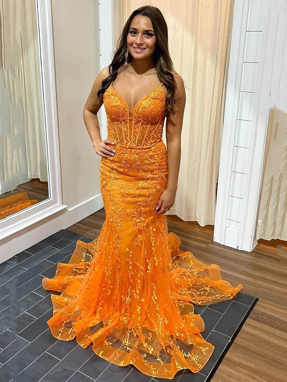Mermaid Prom Dress Spaghetti Strap Lace Appliques Corse Lace Up Evening Dress Ms2609231