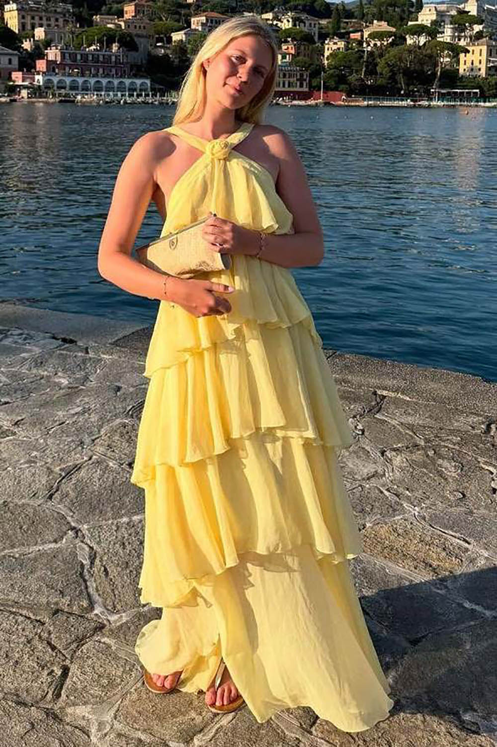 Pink Prom Dress Halter Chiffon Evening Dress Ruffles Layered Backless Graduation Gown Ms2609143
