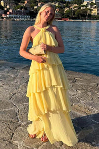 Pink Prom Dress Halter Chiffon Evening Dress Ruffles Layered Backless Graduation Gown Ms2609143