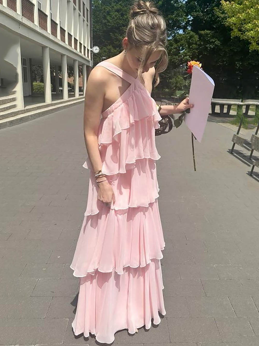 Pink Prom Dress Halter Chiffon Evening Dress Ruffles Layered Backless Graduation Gown Ms2609143