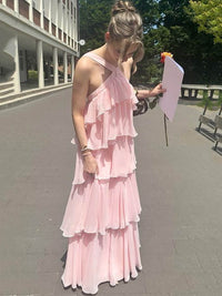Pink Prom Dress Halter Chiffon Evening Dress Ruffles Layered Backless Graduation Gown Ms2609143