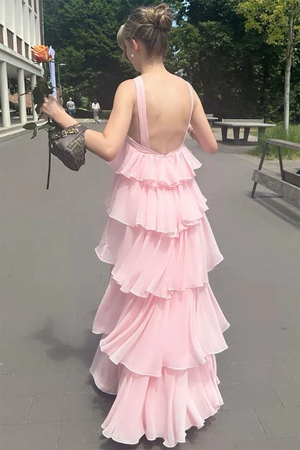Pink Prom Dress Halter Chiffon Evening Dress Ruffles Layered Backless Graduation Gown Ms2609143