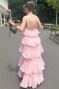 Pink Prom Dress Halter Chiffon Evening Dress Ruffles Layered Backless Graduation Gown Ms2609143