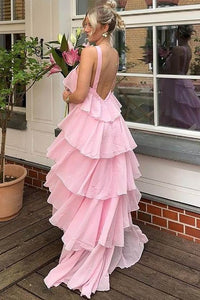 Pink Prom Dress Halter Chiffon Evening Dress Ruffles Layered Backless Graduation Gown Ms2609143