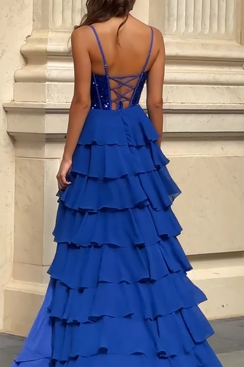 Royal Blue Prom Dress Spaghetti Strap Sequin Corset High Slit Tiered Formal Evening Gowns Ms2609153