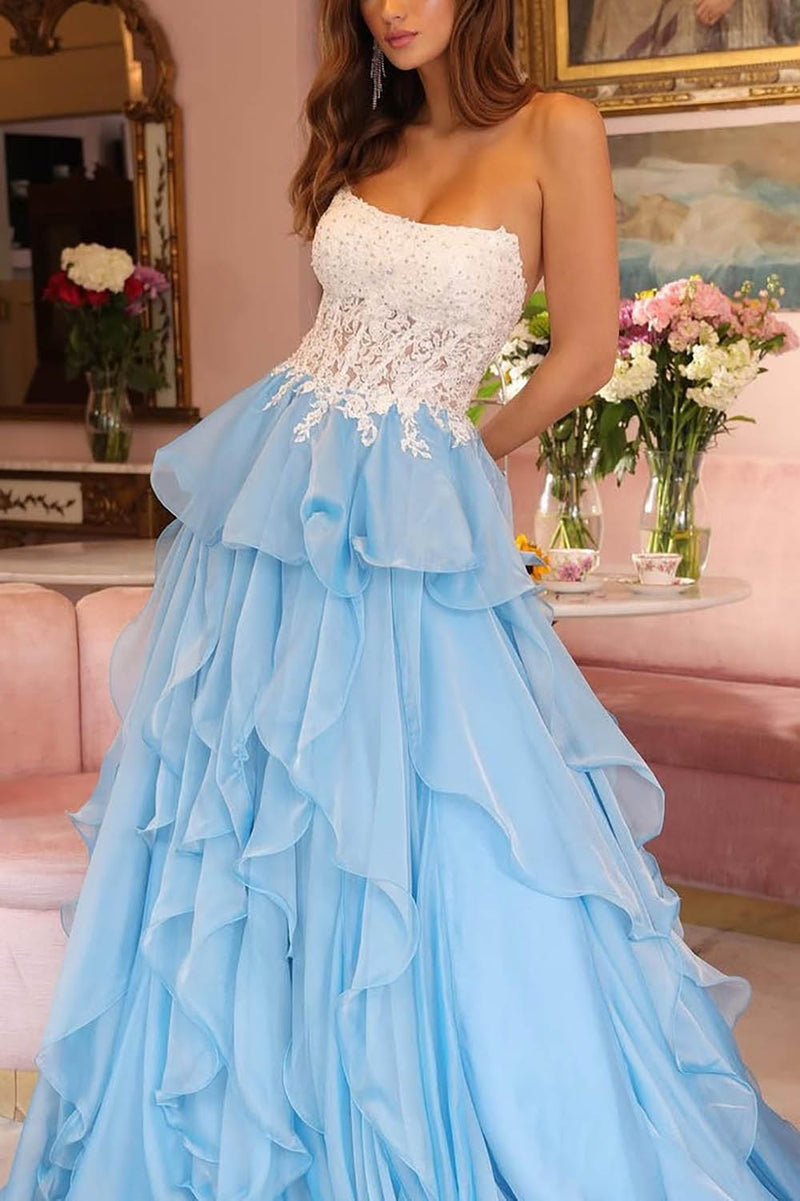 Blue Prom Dress Strapless Lace Appliques Beaded Corset Layered Ruffle Evening Dress Ms2609151
